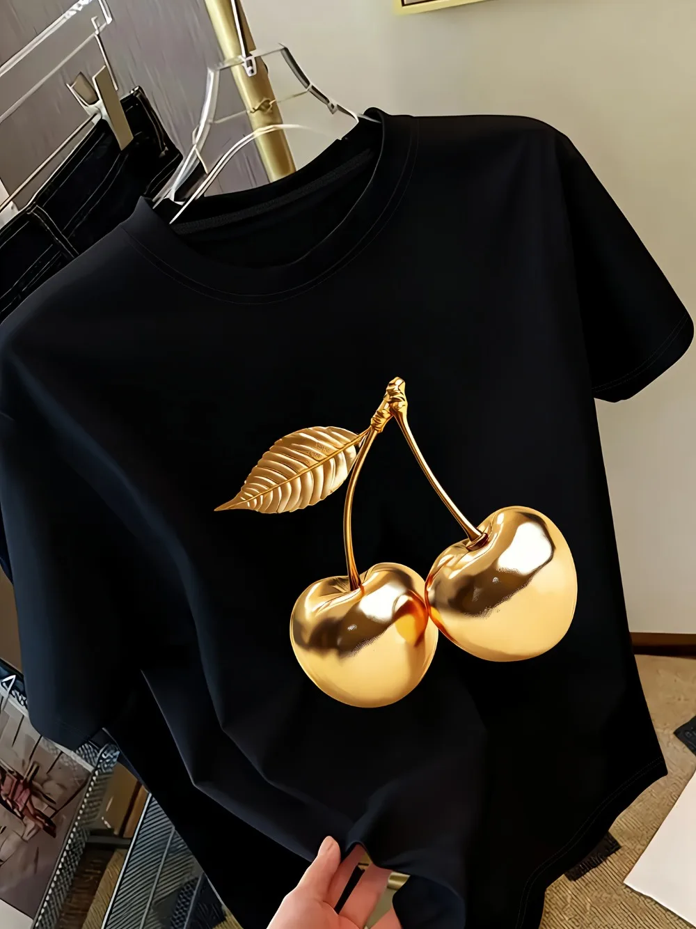 Golden cherry print t-shirt for women front view