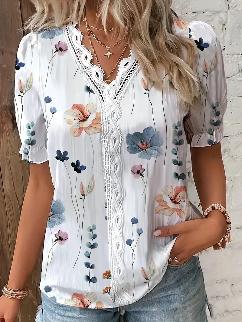 2024 Fashion Casual Vacation Shirt Women Summer V Neck Hollow Out Solid Color Blouse Female Elegant Striped Jacquard Casual Tops 2024 Fashion Casual Vacation Shirt Women Summer V Neck Hollow Out Solid Color Blouse Female Elegant Striped Jacquard Casual Tops