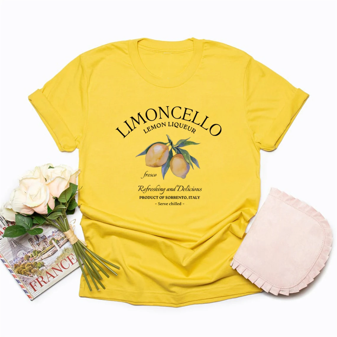 Limoncello lemon graphic t-shirt for women in yellow