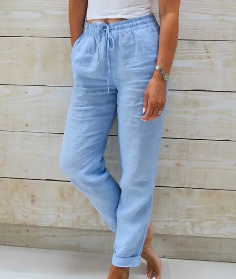 Cotton linen high waist trousers casual style