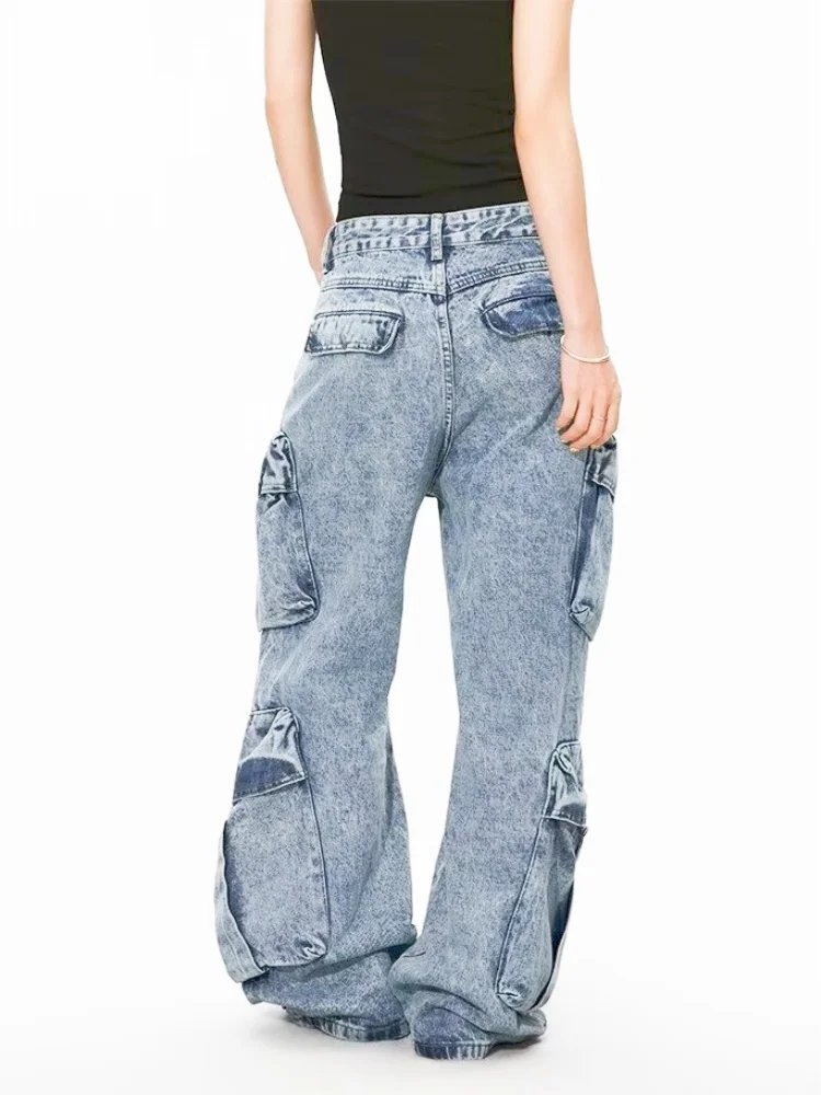 2026 American Retro Y2K Style Washed Blue Baggy Women's Cargo Jeans Pants For Woman Clothing Loose Multi Pockets Denim Trousers 2026 American Retro Y2K Style Washed Blue Baggy Women's Cargo Jeans Pants For Woman Clothing Loose Multi Pockets Denim Trousers