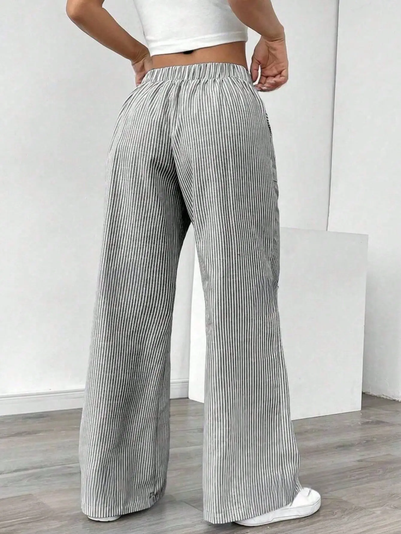 Striped wide leg pants for women, back view showing fit