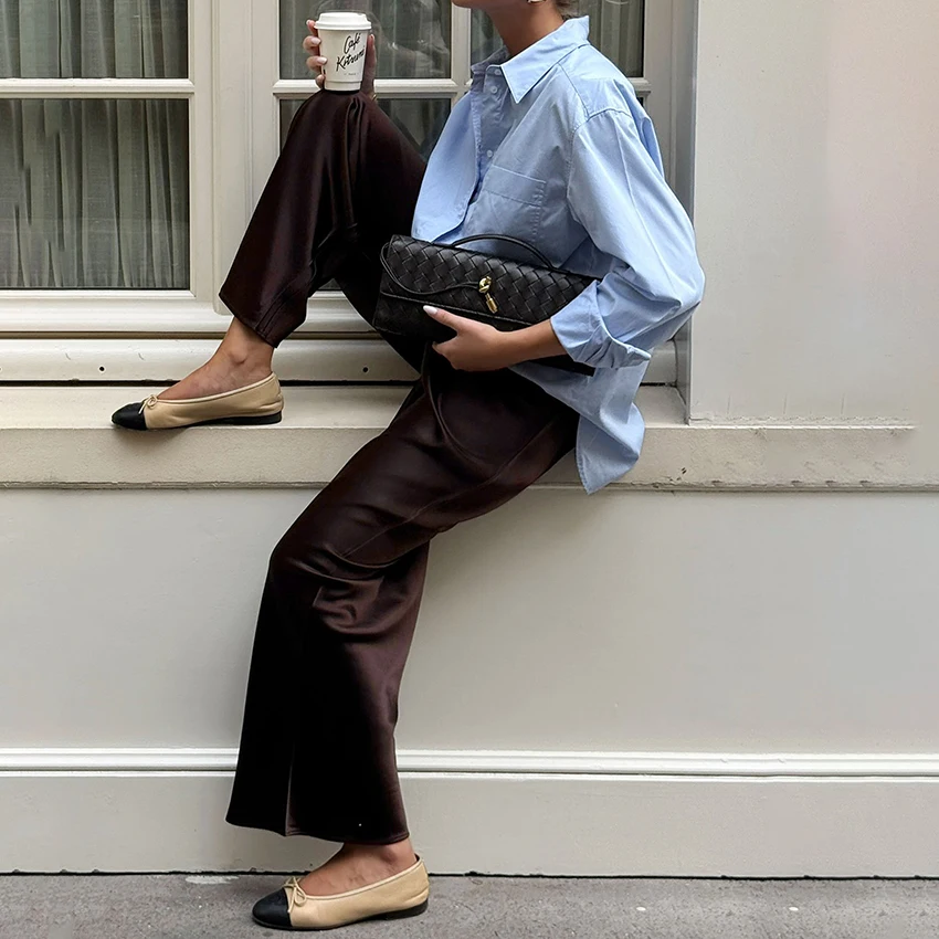 Linad Elegant Brown Satin Wide Leg Pants Women Autumn Fashion Beige High Waist Trousers Street Chic Silk Long Pants Female 2025 Linad Elegant Brown Satin Wide Leg Pants Women Autumn Fashion Beige High Waist Trousers Street Chic Silk Long Pants Female 2025