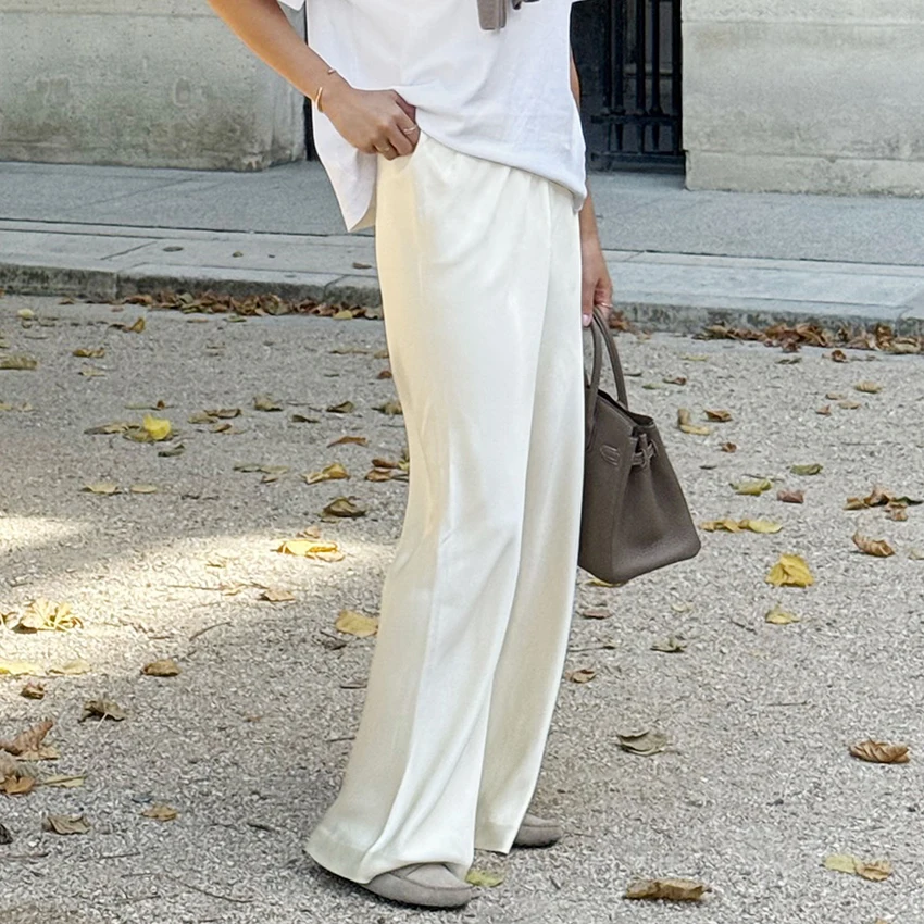 Linad Elegant Brown Satin Wide Leg Pants Women Autumn Fashion Beige High Waist Trousers Street Chic Silk Long Pants Female 2025 Linad Elegant Brown Satin Wide Leg Pants Women Autumn Fashion Beige High Waist Trousers Street Chic Silk Long Pants Female 2025