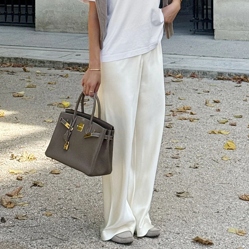 Linad Elegant Brown Satin Wide Leg Pants Women Autumn Fashion Beige High Waist Trousers Street Chic Silk Long Pants Female 2025 Linad Elegant Brown Satin Wide Leg Pants Women Autumn Fashion Beige High Waist Trousers Street Chic Silk Long Pants Female 2025