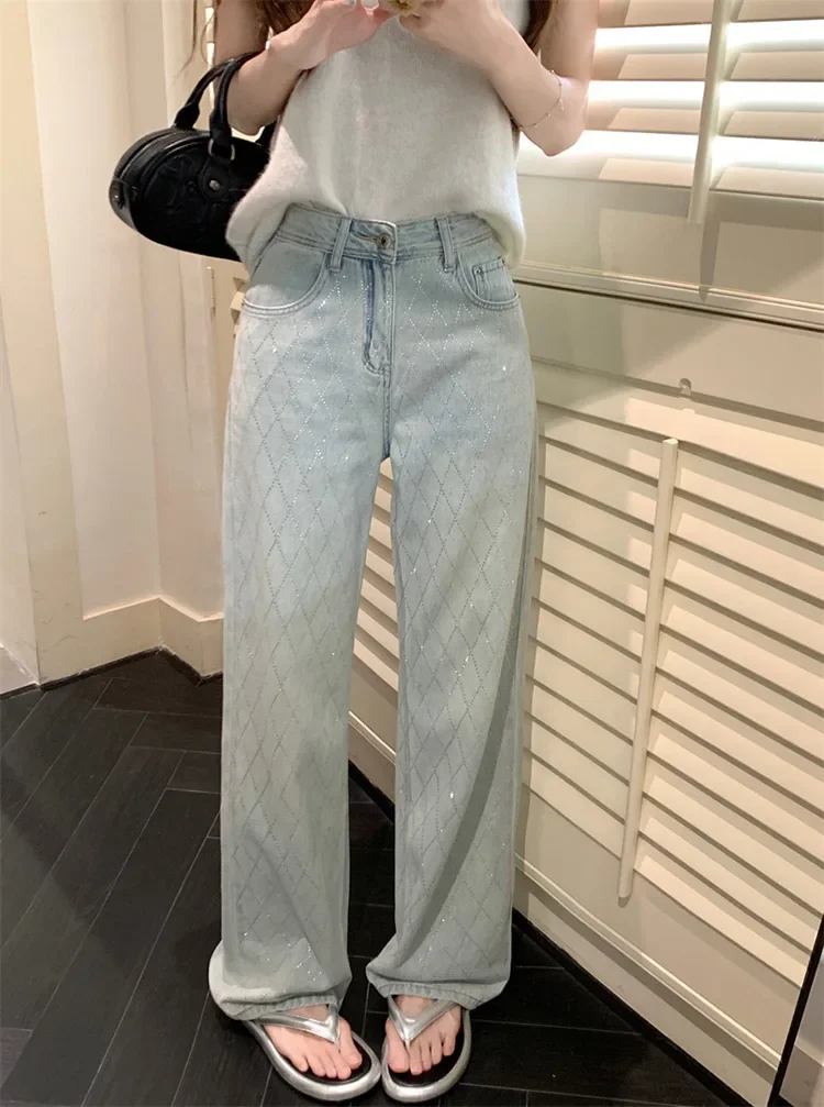 Women Blue Baggy Plaid Jeans Vintage Y2k Cowboy Pants Harajuku Aesthetic Denim Trousers Trashy Japanese 2000s Style Clothes 2024