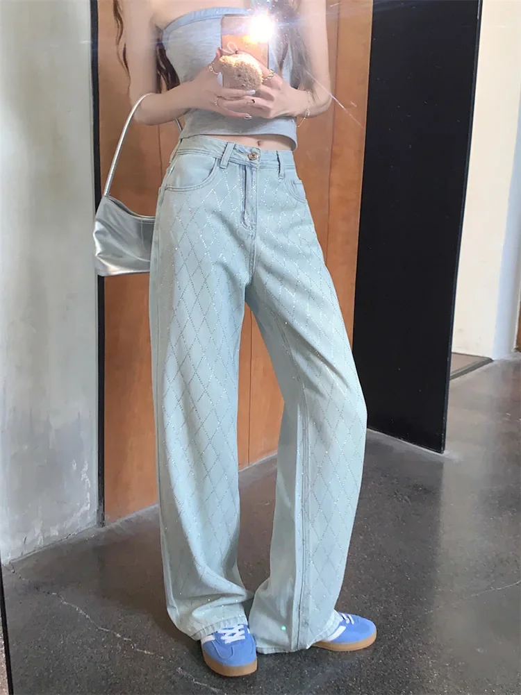 Women Blue Baggy Plaid Jeans Vintage Y2k Cowboy Pants Harajuku Aesthetic Denim Trousers Trashy Japanese 2000s Style Clothes 2024