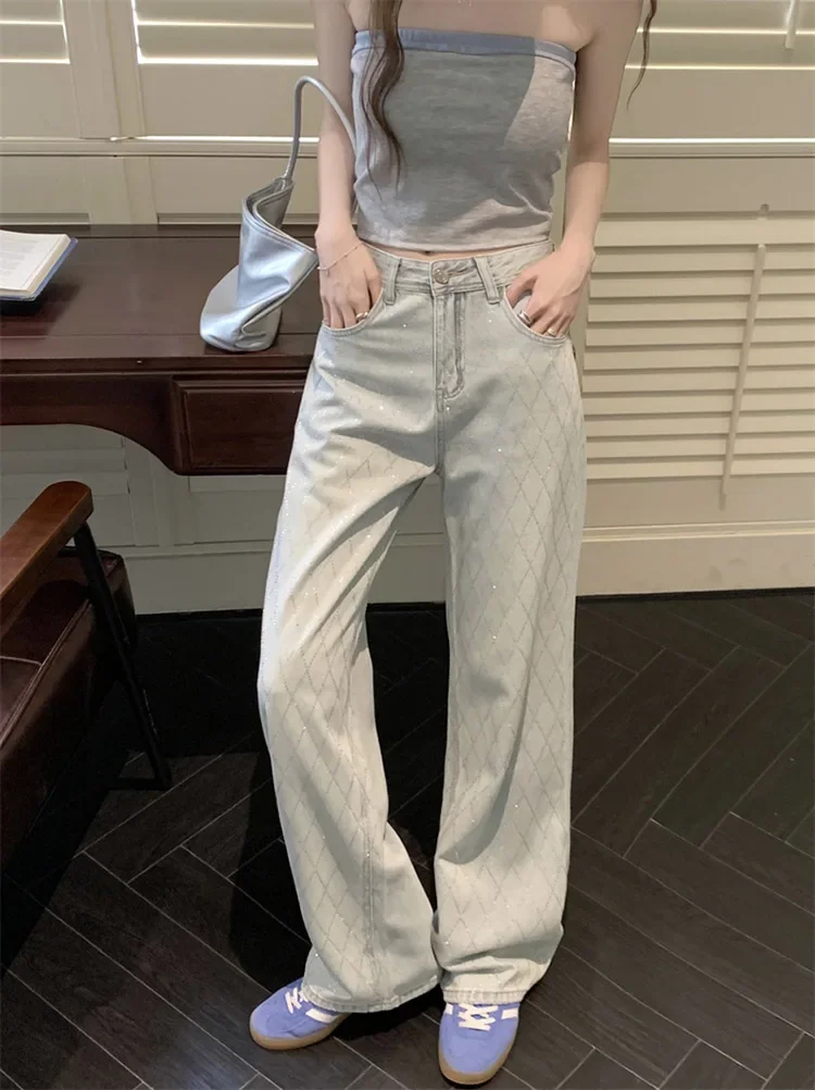 Women Blue Baggy Plaid Jeans Vintage Y2k Cowboy Pants Harajuku Aesthetic Denim Trousers Trashy Japanese 2000s Style Clothes 2024