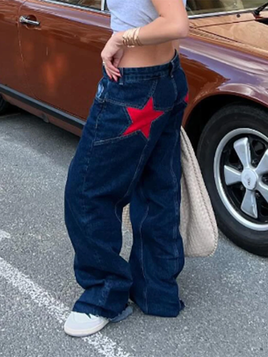 Y2K star jeans for women, side view of fit