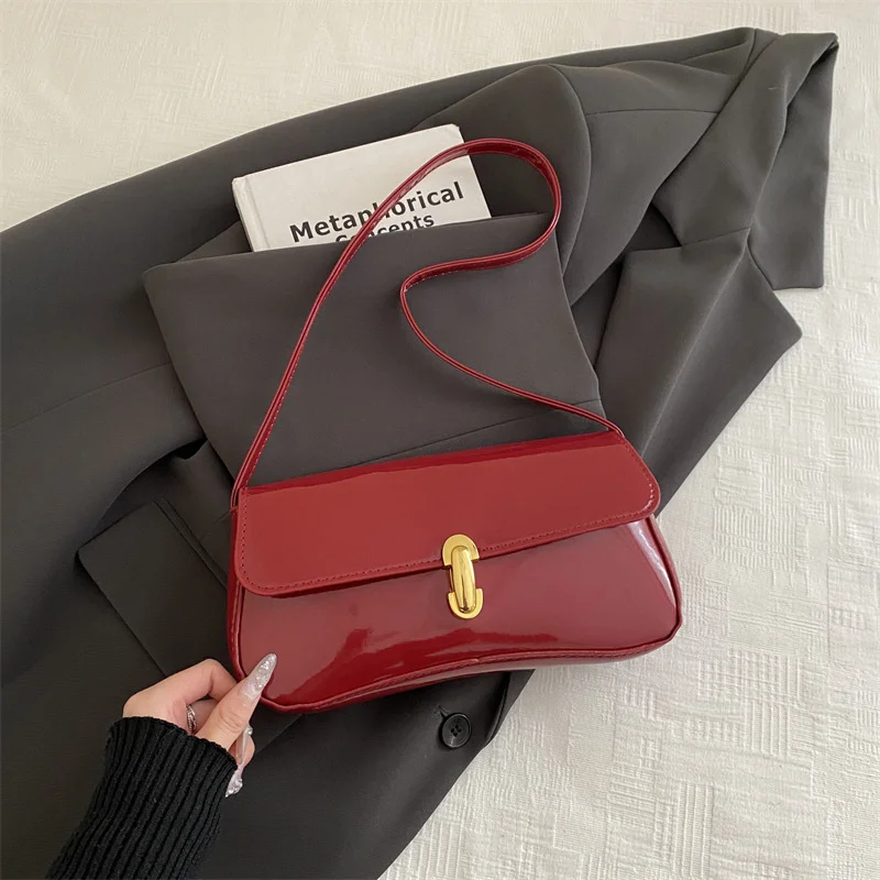 Stylish Wine Red Patent Leather Women Underarm Bag, Sleek Sling Purse with Gold Turn Lock Women's Daily Handbags Shoulder Bags Stylish Wine Red Patent Leather Women Underarm Bag, Sleek Sling Purse with Gold Turn Lock Women's Daily Handbags Shoulder Bags