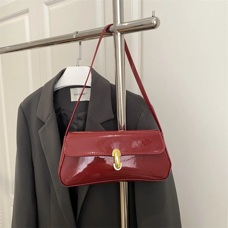Stylish Wine Red Patent Leather Women Underarm Bag, Sleek Sling Purse with Gold Turn Lock Women's Daily Handbags Shoulder Bags Stylish Wine Red Patent Leather Women Underarm Bag, Sleek Sling Purse with Gold Turn Lock Women's Daily Handbags Shoulder Bags