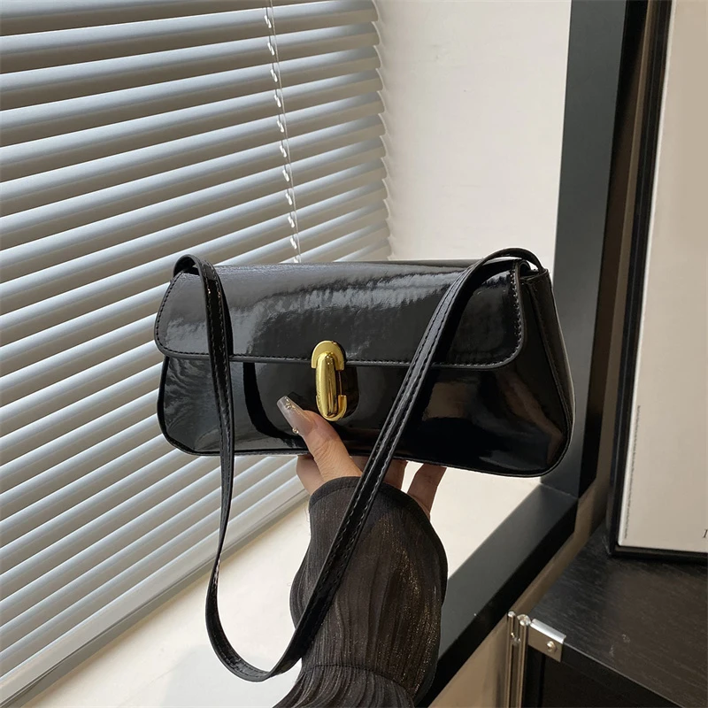 Stylish Wine Red Patent Leather Women Underarm Bag, Sleek Sling Purse with Gold Turn Lock Women’s Daily Handbags Shoulder Bags Stylish Wine Red Patent Leather Women Underarm Bag, Sleek Sling Purse with Gold Turn Lock Women's Daily Handbags Shoulder Bags