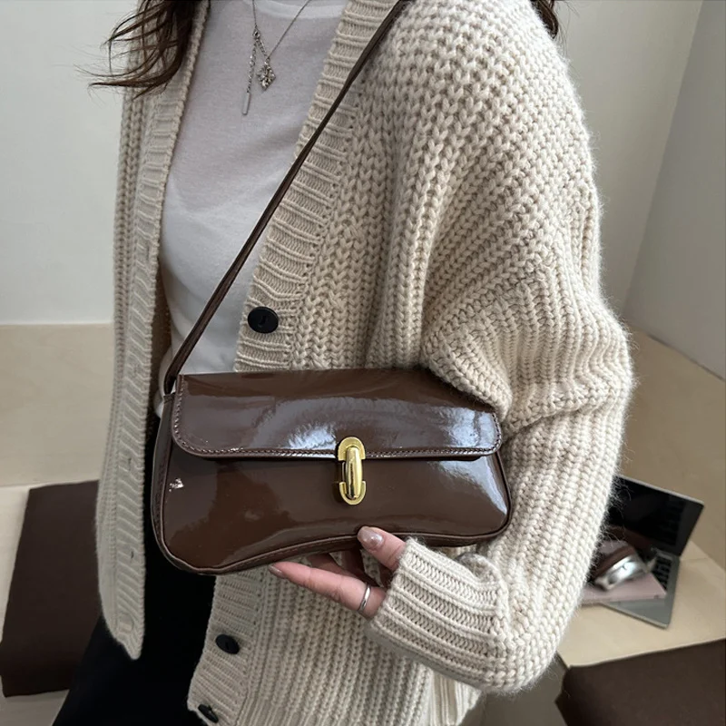 Stylish Wine Red Patent Leather Women Underarm Bag, Sleek Sling Purse with Gold Turn Lock Women’s Daily Handbags Shoulder Bags Stylish Wine Red Patent Leather Women Underarm Bag, Sleek Sling Purse with Gold Turn Lock Women's Daily Handbags Shoulder Bags