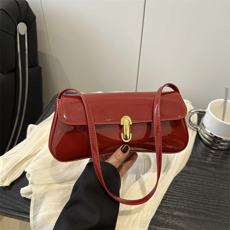 Stylish Wine Red Patent Leather Women Underarm Bag, Sleek Sling Purse with Gold Turn Lock Women’s Daily Handbags Shoulder Bags Stylish Wine Red Patent Leather Women Underarm Bag, Sleek Sling Purse with Gold Turn Lock Women's Daily Handbags Shoulder Bags