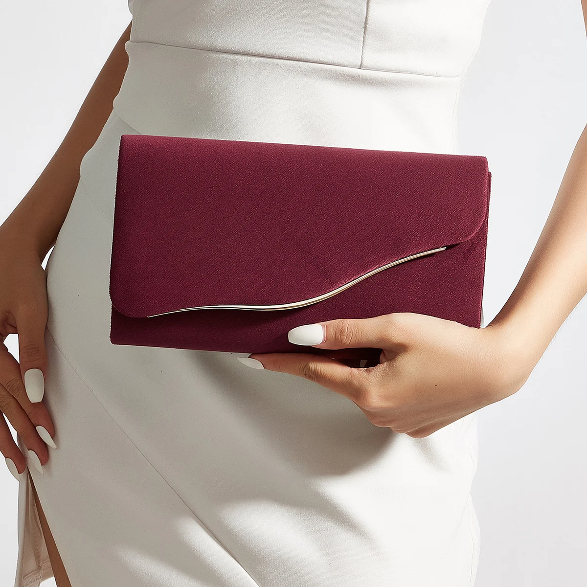 velvet clutch bag for women in burgundy