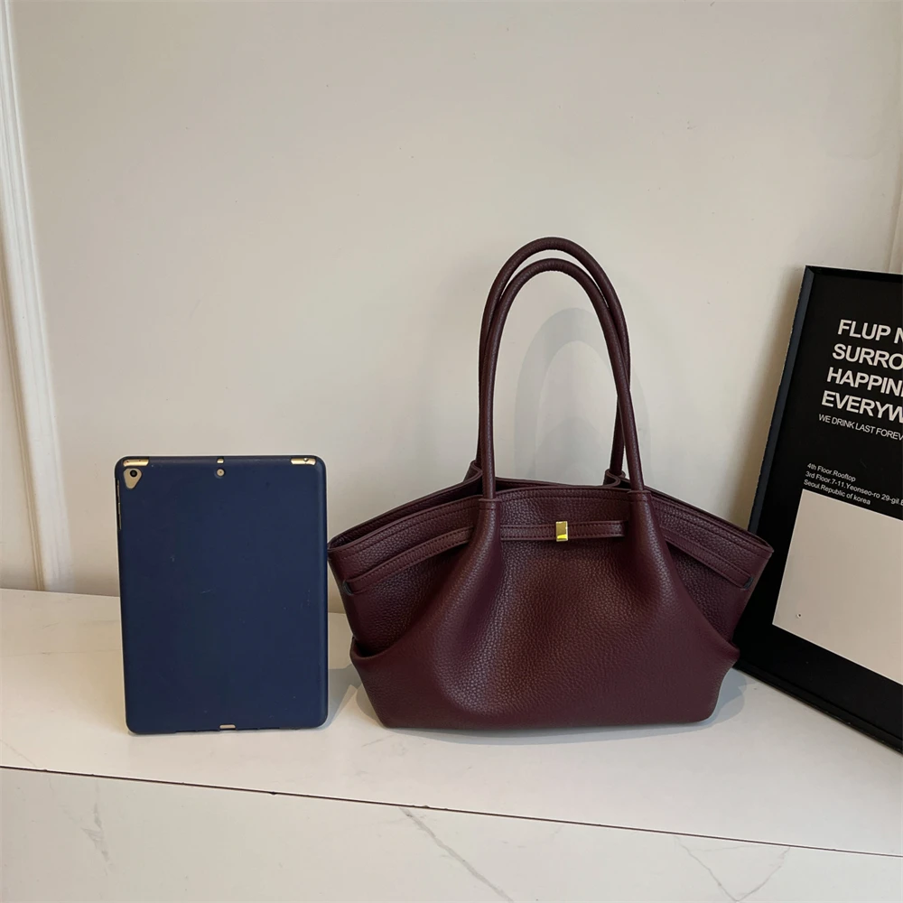 Burgundy tote bag size compared with tablet