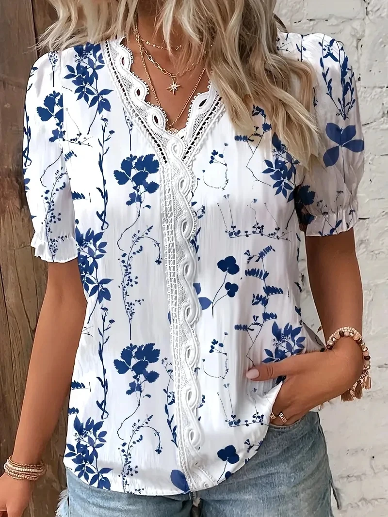 Floral v-neck blouse for women in blue floral print
