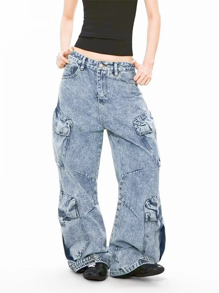 2026 American Retro Y2K Style Washed Blue Baggy Women's Cargo Jeans Pants For Woman Clothing Loose Multi Pockets Denim Trousers 2026 American Retro Y2K Style Washed Blue Baggy Women's Cargo Jeans Pants For Woman Clothing Loose Multi Pockets Denim Trousers
