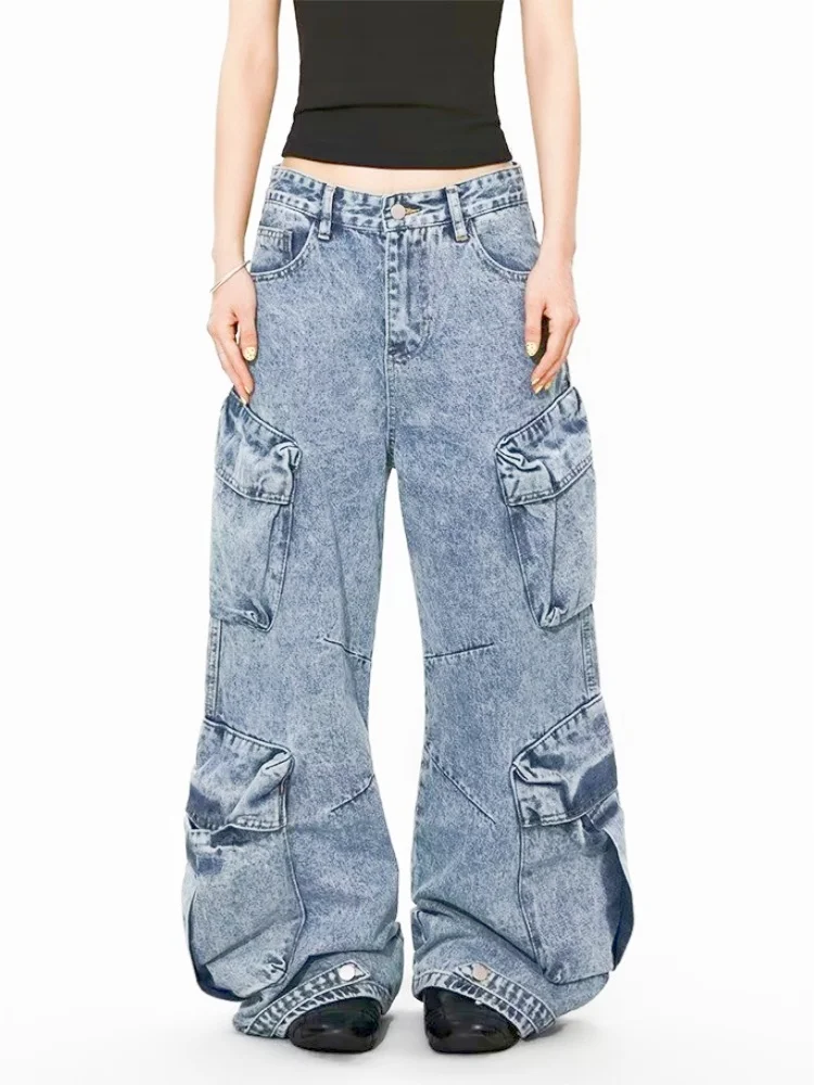 2026 American Retro Y2K Style Washed Blue Baggy Women's Cargo Jeans Pants For Woman Clothing Loose Multi Pockets Denim Trousers 2026 American Retro Y2K Style Washed Blue Baggy Women's Cargo Jeans Pants For Woman Clothing Loose Multi Pockets Denim Trousers