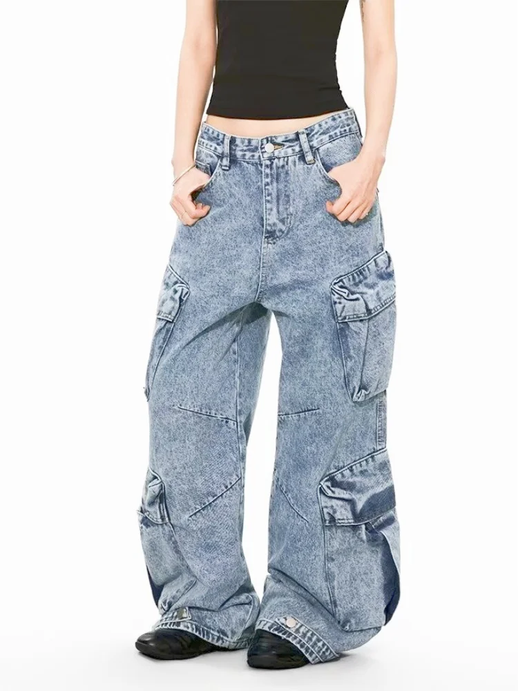 2026 American Retro Y2K Style Washed Blue Baggy Women's Cargo Jeans Pants For Woman Clothing Loose Multi Pockets Denim Trousers 2026 American Retro Y2K Style Washed Blue Baggy Women's Cargo Jeans Pants For Woman Clothing Loose Multi Pockets Denim Trousers