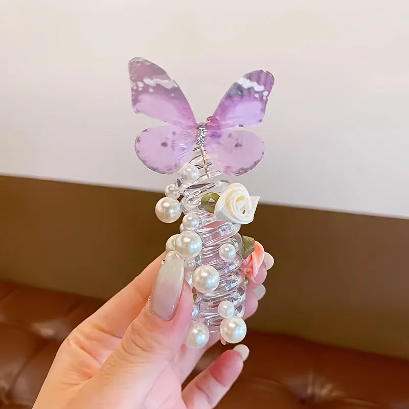 Single purple butterfly hair clip with pearl beads