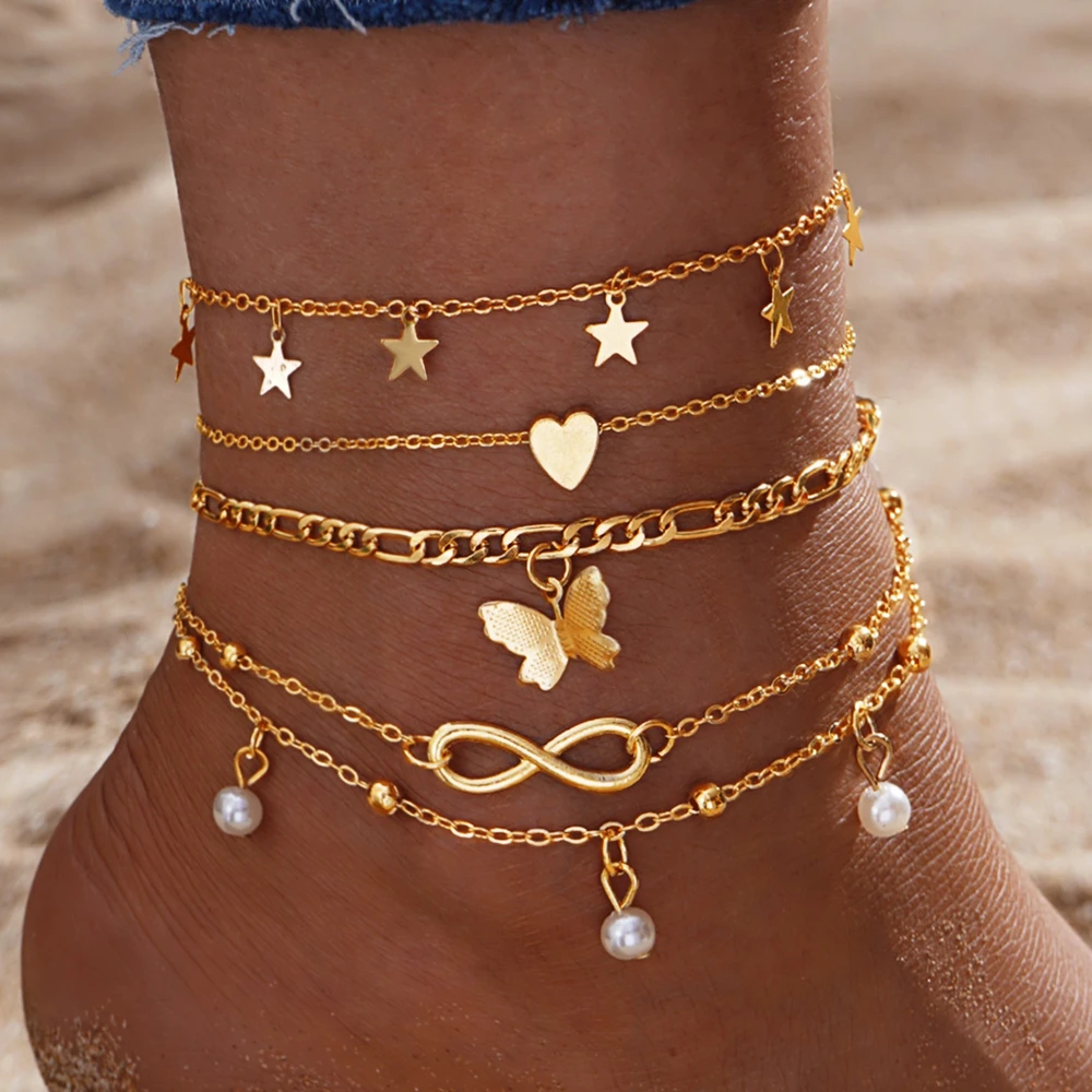 Boho charm anklet set worn on ankle