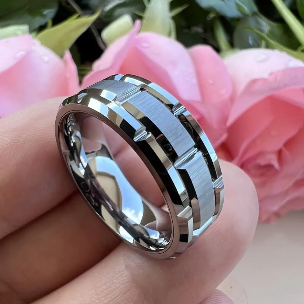 Matte stainless steel groove band ring front view