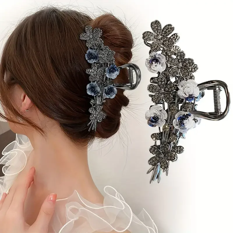 Rose crystal hair claw worn in a bun updo