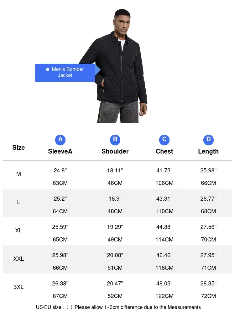 Mens cotton padded bomber jacket front view