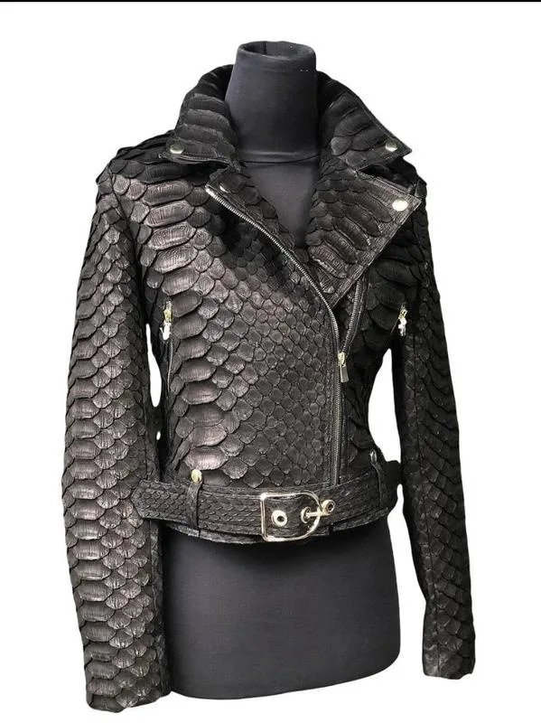 Snakeskin print leather jacket detail view