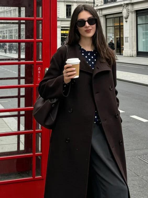 Brown Double Breasted Woolen Overcoat for Women Coats Women's Fashion Women's Jackets & Coats KDBazar