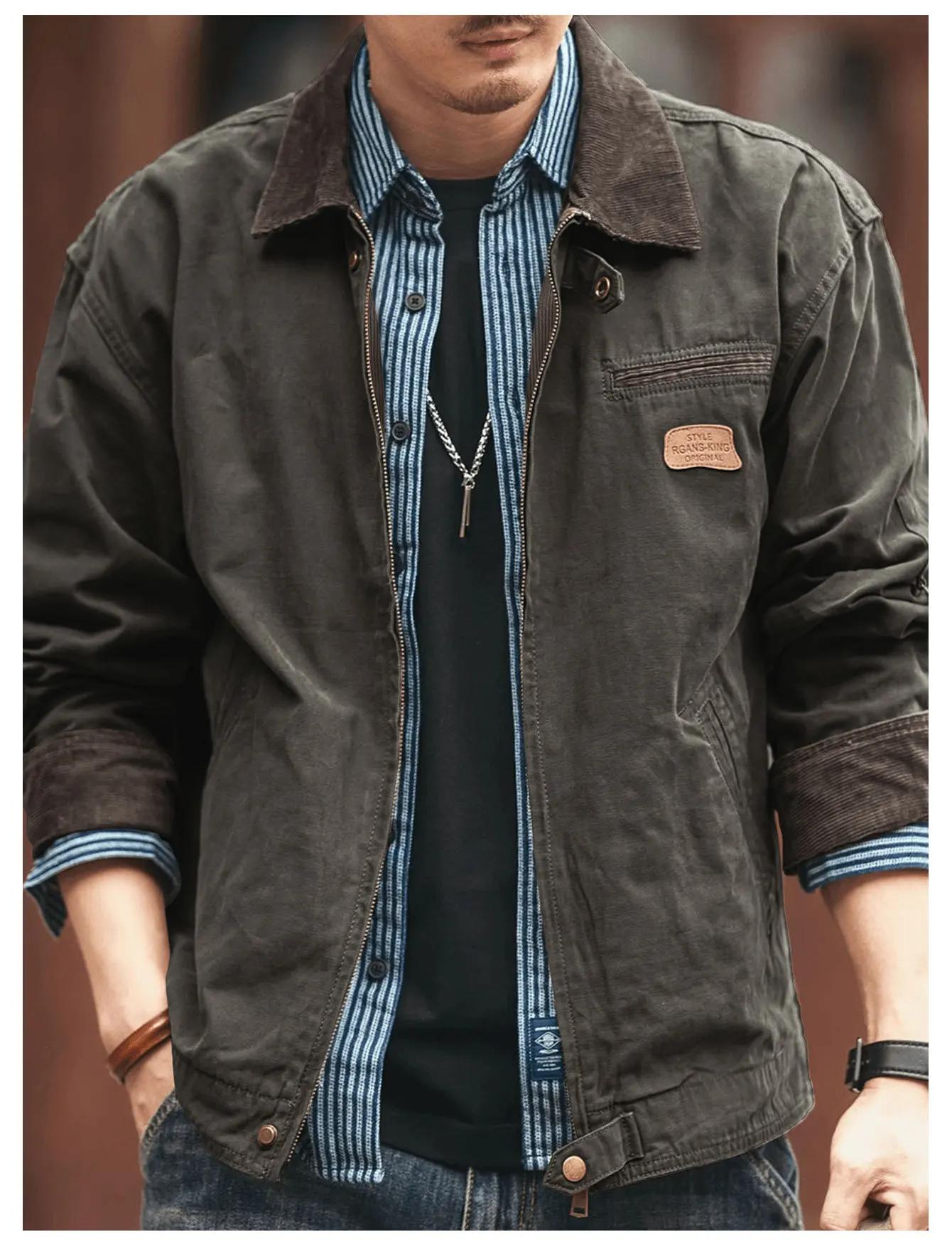 Brown washed canvas work jacket for men