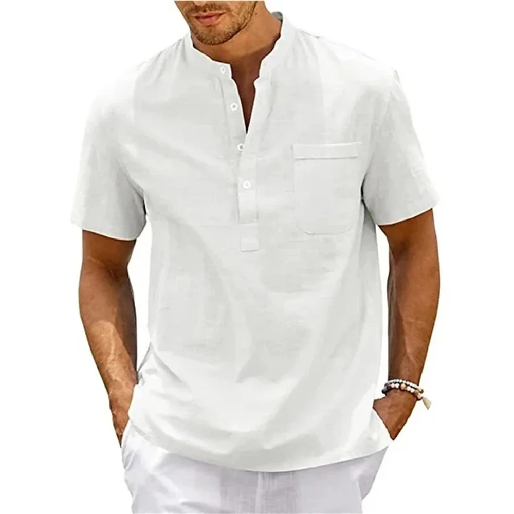 Men's cotton linen henley shirt white