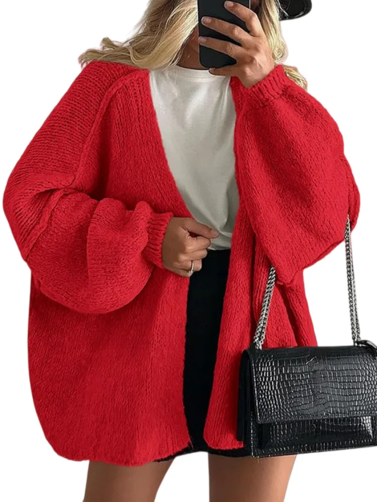 Chunky Knit Cardigan with Lantern Sleeves Cardigans Chunky Knit Cardigan with Lantern Sleeves Cardigans KDBazar