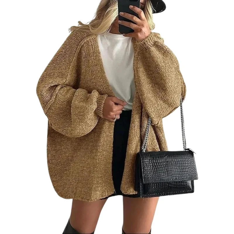 Chunky Knit Cardigan with Lantern Sleeves Cardigans Chunky Knit Cardigan with Lantern Sleeves Cardigans KDBazar