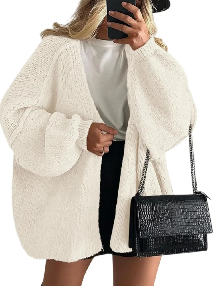 Chunky Knit Cardigan with Lantern Sleeves Cardigans Chunky Knit Cardigan with Lantern Sleeves Cardigans KDBazar