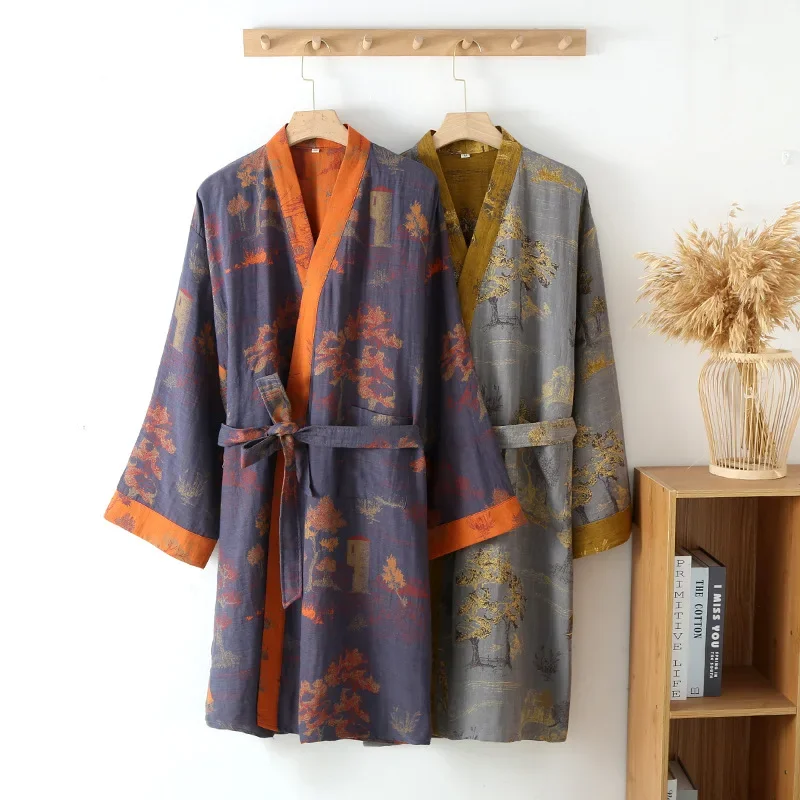 Cotton Kimono Robes with Belt for Men’s Spring Jacquard Thin Printed Medium Length Breathable Summer Pajamas Men’s Bathrobe Cotton Kimono Robes with Belt for Men's Spring Jacquard Thin Printed Medium Length Breathable Summer Pajamas Men's Bathrobe KDBazar