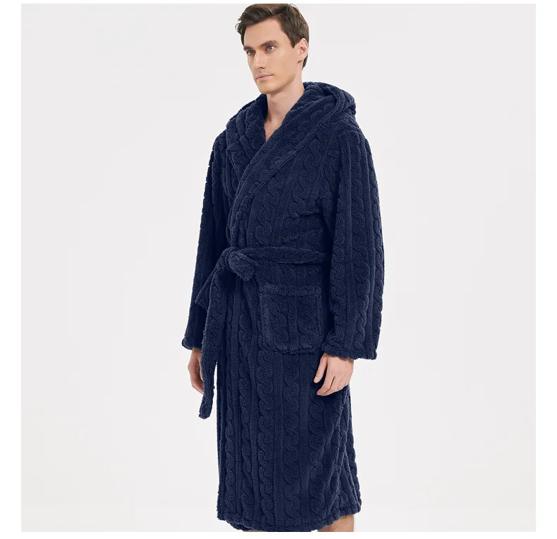 Cotton velvet hooded robe front view