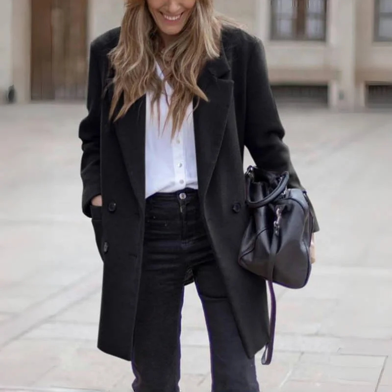 Double breasted wool blend coat collar detail