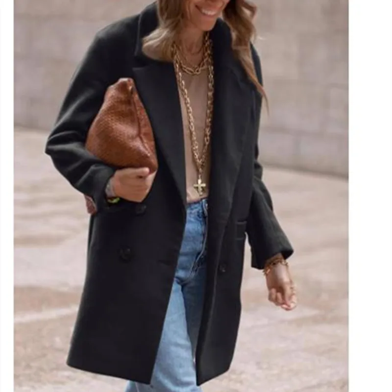 Double breasted wool blend coat side view