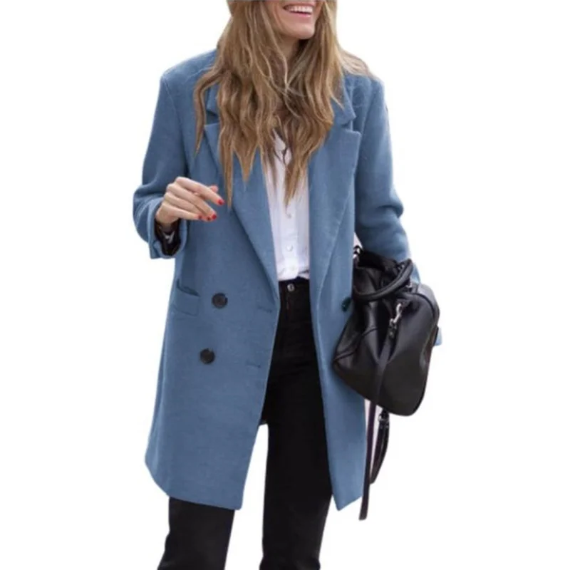 Double breasted wool blend coat for women front view