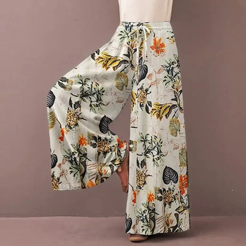 Floral wide leg pants for women, white floral print