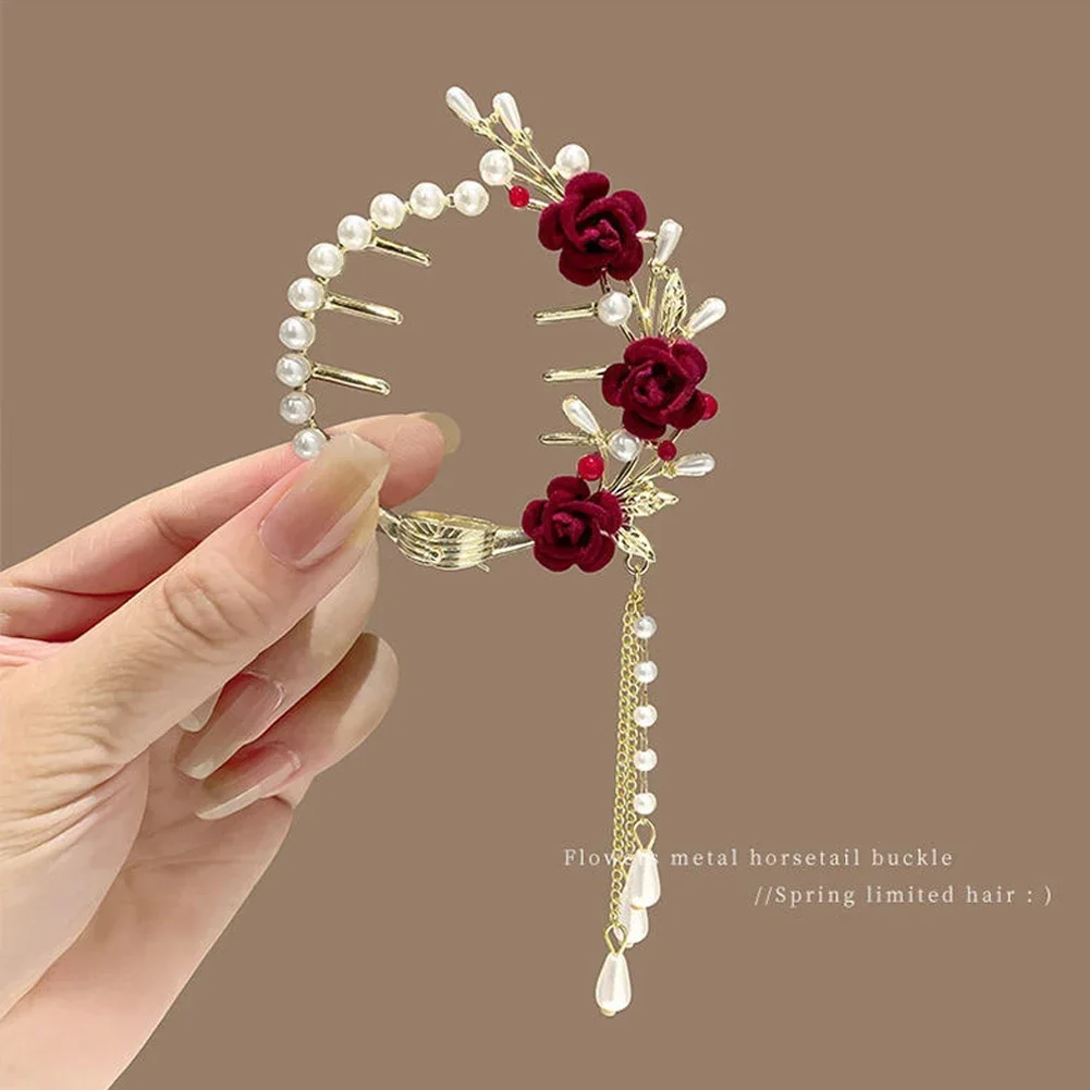 Pearl hair clip with red rose accent