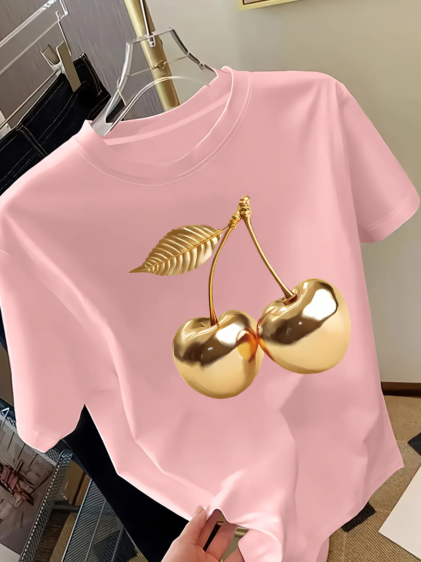 Golden Cherry Print Women Short Sleeve T-Shirt Stylish Casual Tee a Sense of Elegance Versatile Top for Women Minimalist Design Women Clothing Fashion Women’s Fashion Women’s T-Shirts Golden Cherry Print Women Short Sleeve T-Shirt Stylish Casual Tee a Sense of Elegance Versatile Top for Women Minimalist Design Women Clothing Fashion Women's Fashion Women's T-Shirts KDBazar