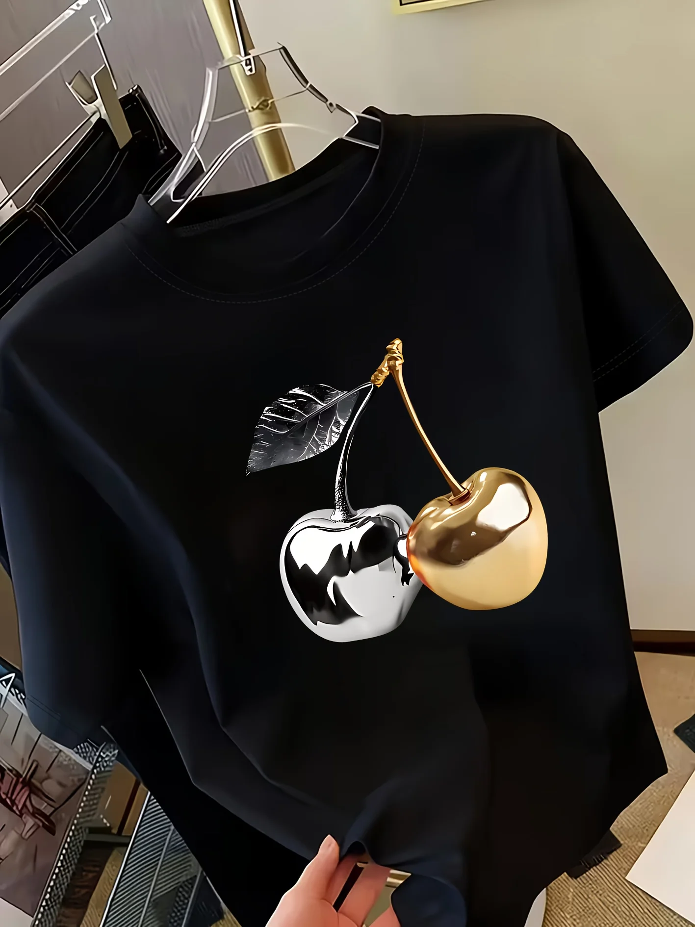 Golden Cherry Print Women Short Sleeve T-Shirt Stylish Casual Tee a Sense of Elegance Versatile Top for Women Minimalist Design Women Clothing Fashion Women’s Fashion Women’s T-Shirts Golden Cherry Print Women Short Sleeve T-Shirt Stylish Casual Tee a Sense of Elegance Versatile Top for Women Minimalist Design Women Clothing Fashion Women's Fashion Women's T-Shirts KDBazar