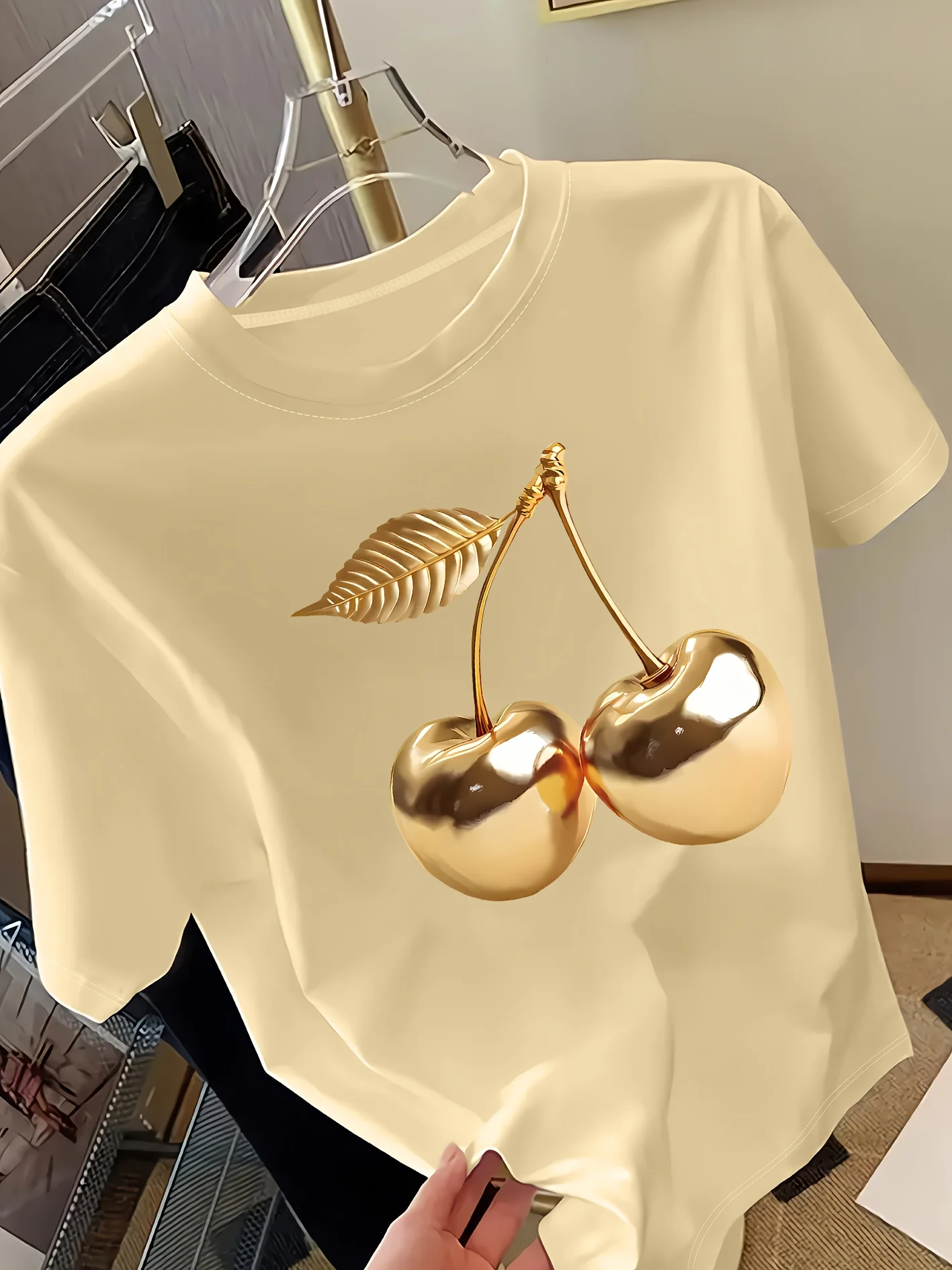 Golden Cherry Print Women Short Sleeve T-Shirt Stylish Casual Tee a Sense of Elegance Versatile Top for Women Minimalist Design Women Clothing Fashion Women’s Fashion Women’s T-Shirts Golden Cherry Print Women Short Sleeve T-Shirt Stylish Casual Tee a Sense of Elegance Versatile Top for Women Minimalist Design Women Clothing Fashion Women's Fashion Women's T-Shirts KDBazar