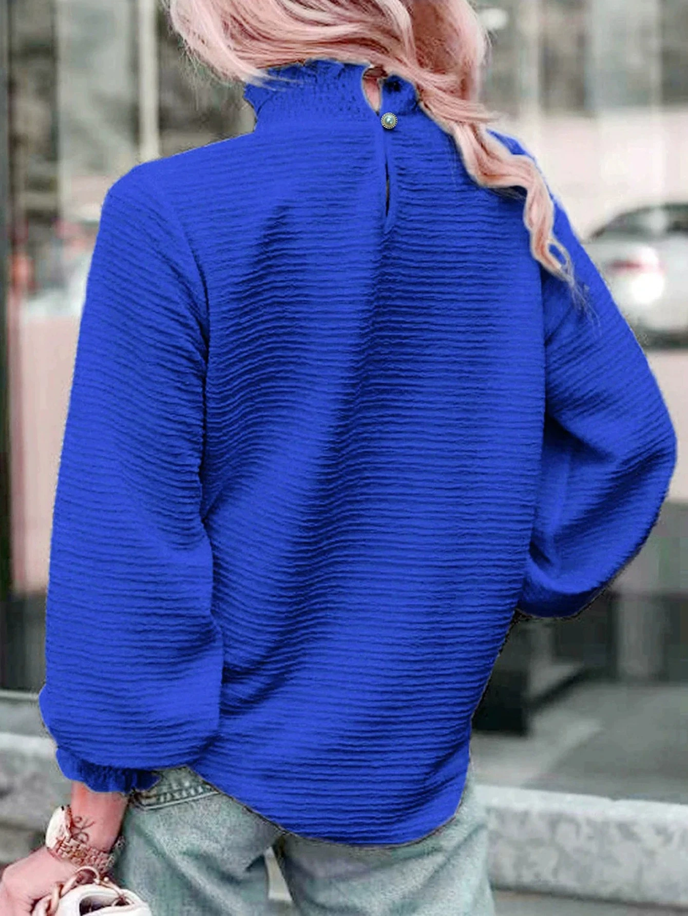 High collar patchwork blouse for women front view