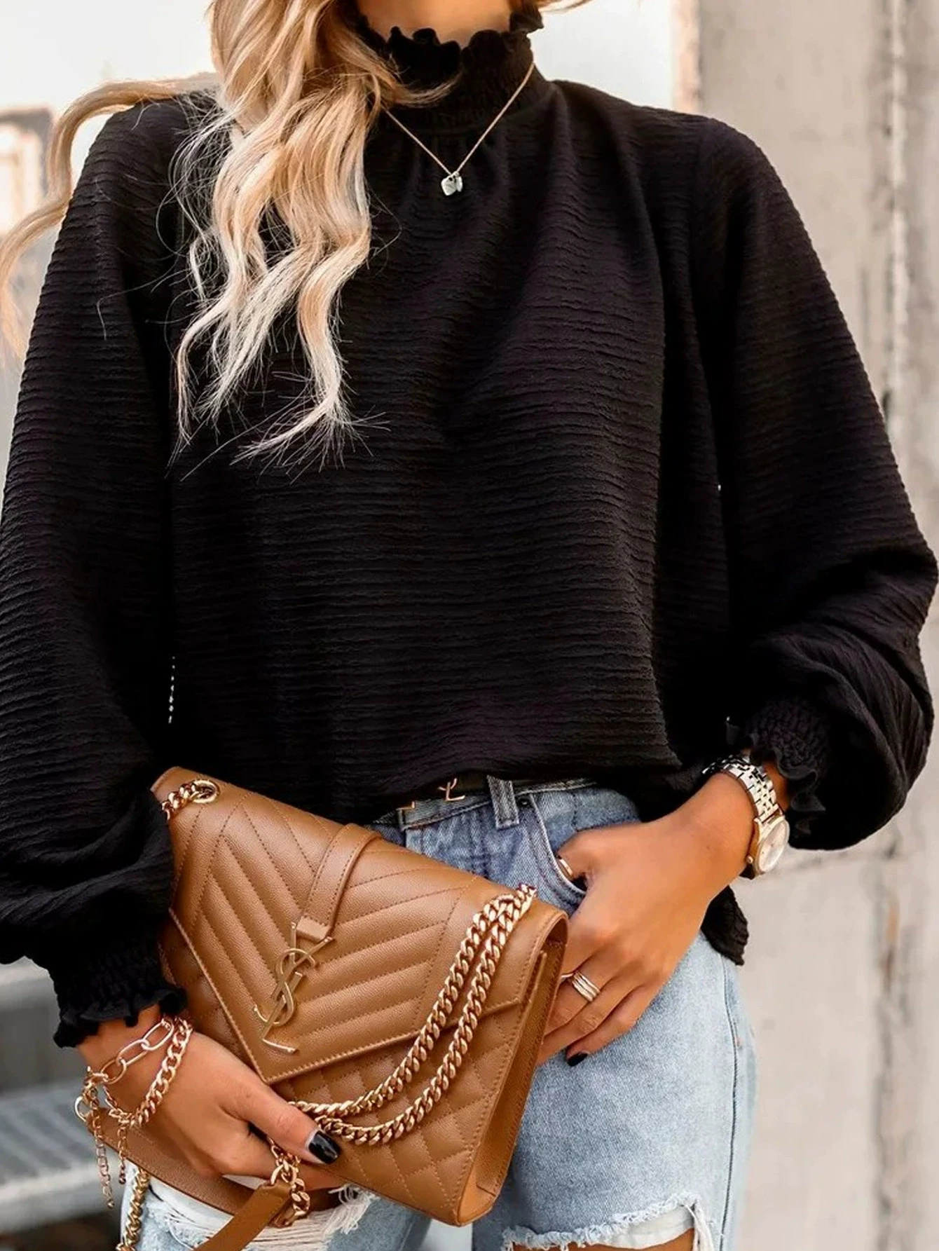 High Collar Patchwork Blouse for Women Tops and T-Shirts High Collar Patchwork Blouse for Women Tops and T-Shirts KDBazar