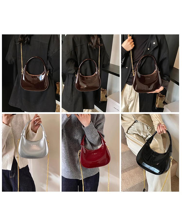 High End Burgundy Patent Leather Shiny Surface Crossbody Bag 2025 New Women's Zipper Chain Armpit Bags Elegant Texture Handbag High End Burgundy Patent Leather Shiny Surface Crossbody Bag 2025 New Women's Zipper Chain Armpit Bags Elegant Texture Handbag