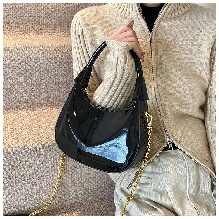 High End Burgundy Patent Leather Shiny Surface Crossbody Bag 2025 New Women's Zipper Chain Armpit Bags Elegant Texture Handbag High End Burgundy Patent Leather Shiny Surface Crossbody Bag 2025 New Women's Zipper Chain Armpit Bags Elegant Texture Handbag